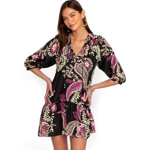 Johnny Was Tiered Tassel Silk Dress Floral Paisley Black/Pink SZ L